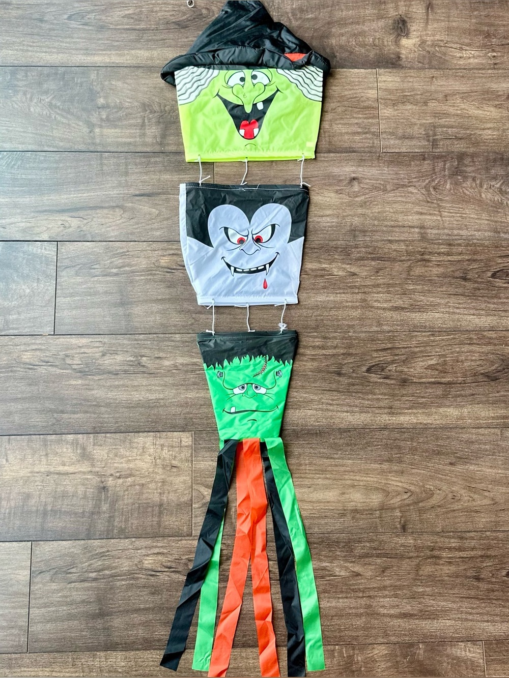 Vtg Halloween Windsock 56" 3-Tier Monster Stack - Witch Vampire Frankenstein